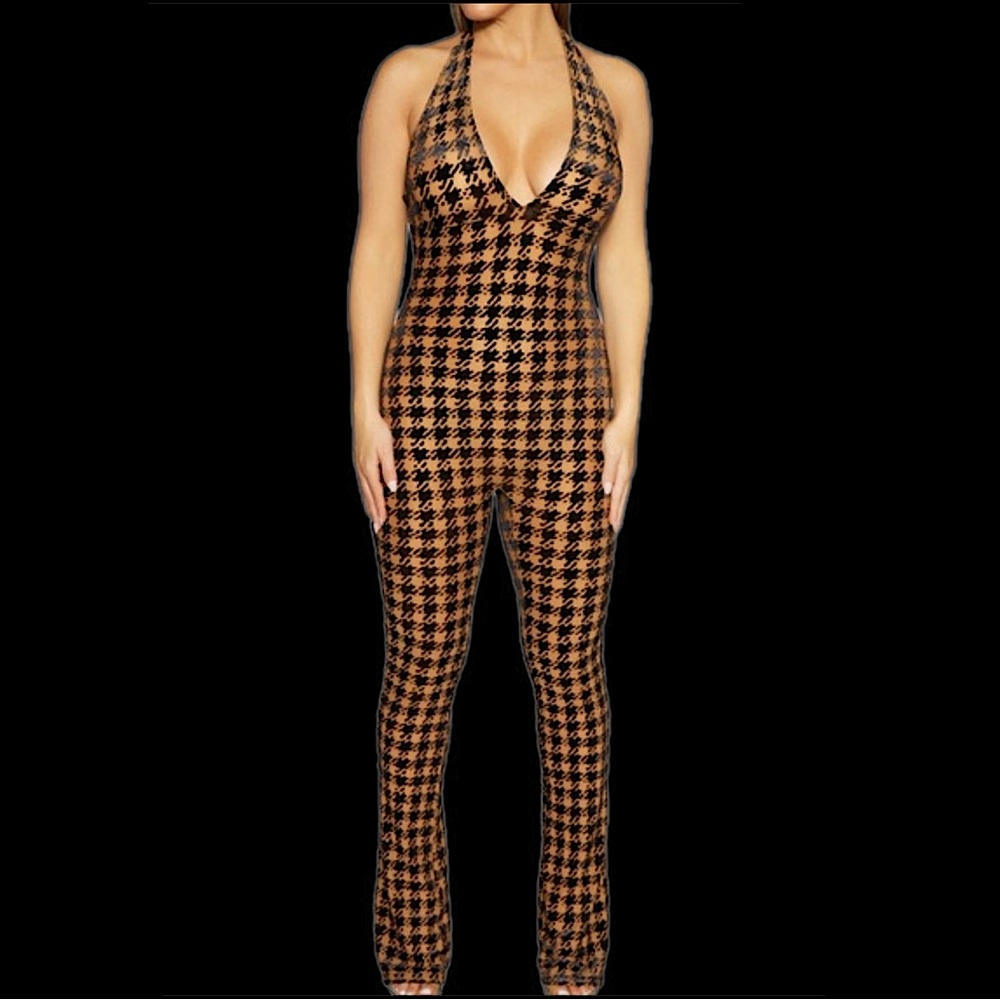 NAKED WARDROBE Houndstooth Halter Jumpsuit